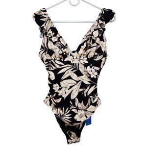 Cupshe Womens Black Beige Floral Ruffle One-Piece Swimsuit Open Back Design SZ M